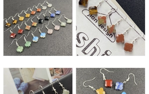 Detailed grid view of natural clover clover hook earrings in rose quartz and aventurine