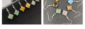 Detailed display of clover drop earrings in rose quartz and multiple natural gemstones