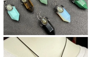 Detailed view of hexagonal crystal necklaces with moon elements on a model and flat lay
