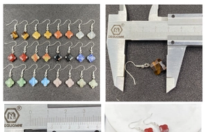 Macro view of multi-color gemstone clover earrings with S-hook and size measurement