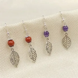 Vintage Hollow Leaf Drop Earrings With Natural Gemstone Beads Alloy Bohemian Ethnic Jewelry For Women Elegant Style