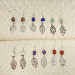 Bohemian style leaf drop earrings with colorful semi-precious stone beads and silver hooks