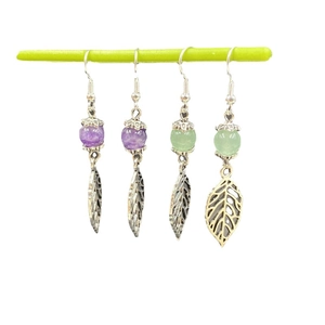 Silver leaf earrings with purple amethyst and green agate beads on hook dangles