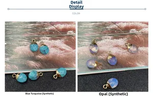 Detail view of gold-plated synthetic turquoise and opal pendants with faceted finish