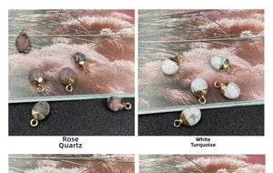 Detailed view of faceted semi-precious stone charms with gold-plated bezel and loop