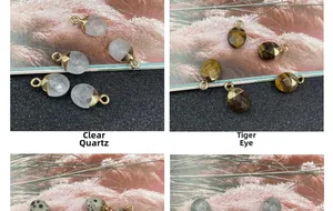 Macro detail of faceted clear quartz and tiger eye pendants with gold plated edges