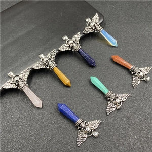 Gothic skull necklaces with wings and colorful hexagonal crystal stone pendants set