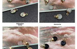 Detailed macro view of faceted oval semi-precious stone pendants with gold-plated edges