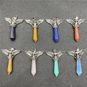 Gothic punk skull wing pendant necklaces in various natural stones like quartz and lapis