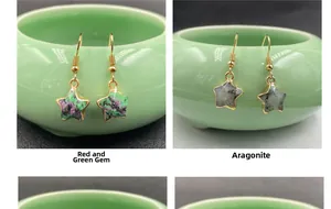 Detail view of star-shaped Ruby in Zoisite and Labradorite gold drop earrings