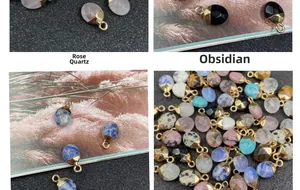 Macro shot of faceted semi-precious stone charms with gold plated edging for jewelry DIY