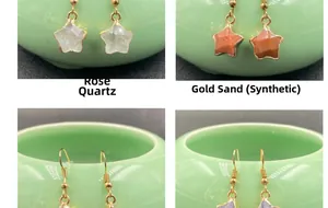 Detail of star-shaped earrings in rose quartz and gold sandstone with metallic borders