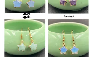 Star-shaped gemstone hook earrings in grey agate, amethyst, aventurine, and opalite