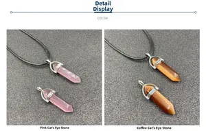 Détail des pendentifs hexagonaux en œil de chat rose et marron sur cordons cirés noirs