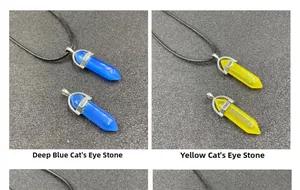 Détail des pendentifs hexagonaux en pierre d'oeil de chat bleu et jaune sur cordon noir