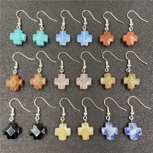 Set of natural stone cross earrings in obsidian, turquoise, and agate styles