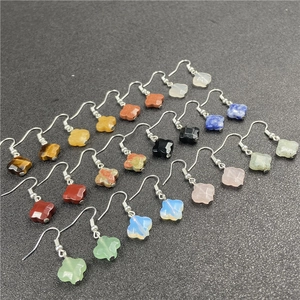 Four-leaf clover earrings made of multi-color natural stones with silver hook pendants