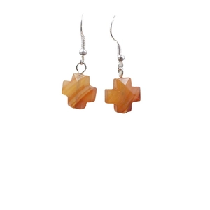Natural agate cross drop earrings with silver hooks and orange banded texture
