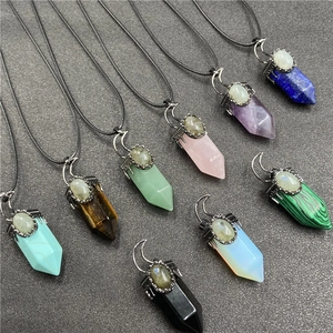 Multiple colors of hexagonal crystal cone necklaces with moon crescent metal clasps