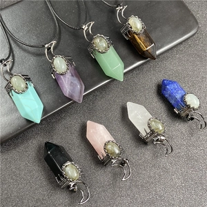 Set of 8 hexagonal crystal point necklaces with crescent moon silver caps and gemstones