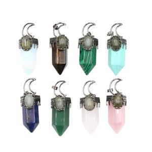 Set of hexagonal crystal pendants with moon clips in various natural gemstones