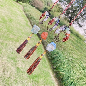 Natural crystal life tree car hanging with colorful gemstones and tassel decoration