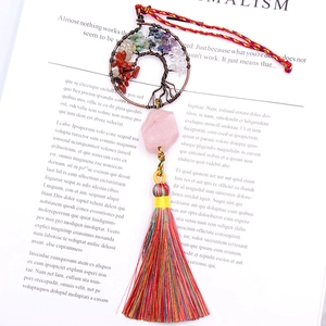 Tree of Life car charm with seven chakra stones, rose quartz and colorful tassel