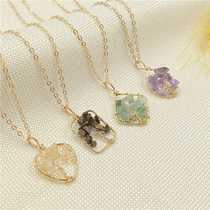 Tree Of Life Pendant Necklace Natural Crystal Gemstone Chips Hand Wrapped Gold Tone Wire Bohemian Heart Shape For Women