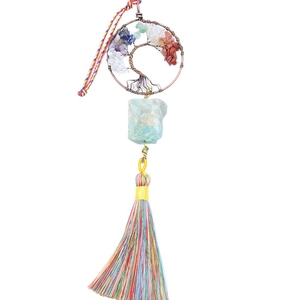 Tree of Life car hanging with colorful crystals and long tassel for interior decor