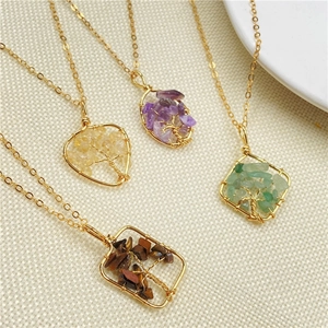 Tree of Life heart crystal necklaces with natural amethyst and aventurine stones