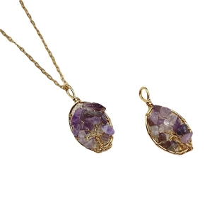 Tree of Life heart crystal necklace set with amethyst stones and gold wire wrap