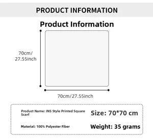 Detailed size specifications for 70x70cm polyester square scarf with floral print