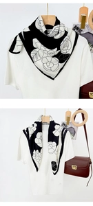 Detail of creative horse print square scarf styled with white tee and retro accessories