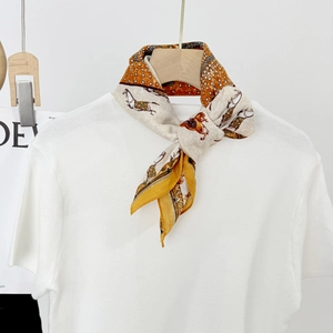 Vintage equestrian horse print square silk scarf styled on a white knit sweater