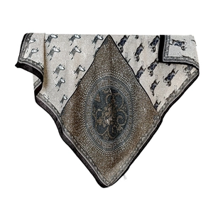 Vintage square silk scarf for women featuring monochrome horse print and geometric border