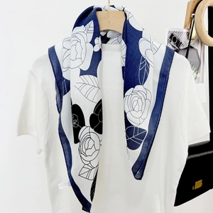 Camellia Floral Print Square Scarf For Women Satin Silk Feeling Elegant Head Neck Scarf Fashion Wrap Hair Accessory