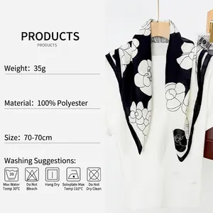 Elegant 70x70cm camellia print square scarf in black and white polyester fabric