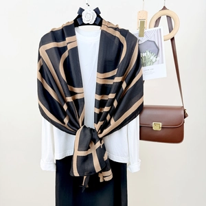 Abstract geometric print shawl in black and brown cotton linen for elegant women wear