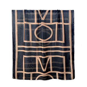 Classic navy blue linen scarf with geometric gold line prints and modern abstract patterns