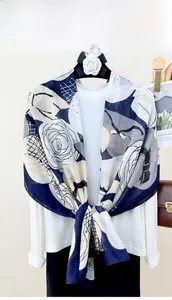Detail of floral printed scarf with navy blue and beige rose patterns and geometric mesh