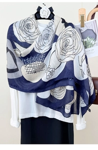 Detail of floral print scarf with navy rose patterns and vintage French aesthetic