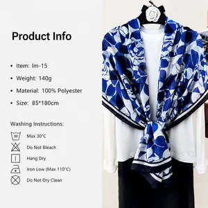 Blue and white floral cotton-linen style long shawl scarf with 100% polyester fabric