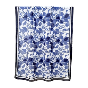 Blue and white cotton linen scarf featuring vintage floral and geometric patterns