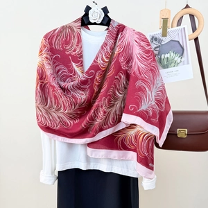 Feather Print Women Elegant Long Scarf Soft Polyester Shawl Wrap Rose Red Vintage Lightweight Large Pashmina Scarf Gift