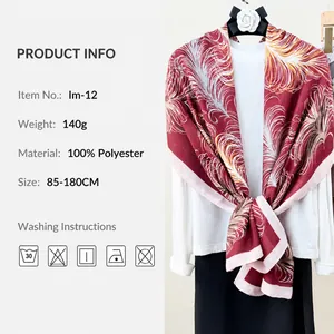 Elegant long scarf with feather print in red and pink colors made of soft polyester fabric