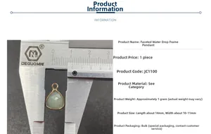 Detailed size view of a 14x10mm faceted drop pendant with gold-plated metal edging