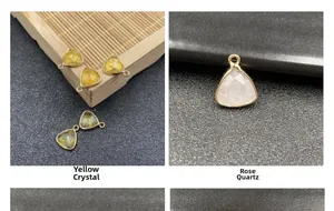 Detail of faceted triangle crystal charms in yellow and pink with metal gold plating