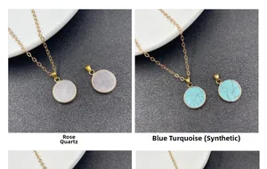Collage showing round rose quartz and turquoise pendants with gold edges on a necklace