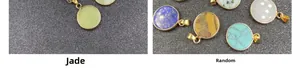 Detailed view of assorted round gemstone pendants with gold-plated edges and metal bails