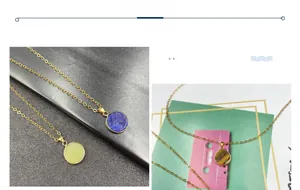 Close-up of circular rose quartz and gemstone pendants with gold-plated edges and fine chains